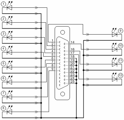 Схема подключения светодиодов к LPT порту компьютера